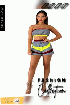 Sexy Wrapped Chest Tube Top and Patchwork Shorts 2 Pieces Suits Fitted Patchwork Shorts For Summer, Trendy Summer Patchwork Crop Top, Summer Two-piece Set For Night Out, Stretch Color Block Crop Top For Summer, Summer Stretch Color Block Crop Top, Color Block Stretch Crop Top For Summer, Chest Tube, Fashion Wigs, Patchwork Shorts