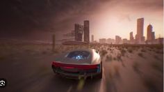 a futuristic car driving through the desert with city buildings in the backgrouund