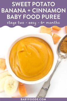 sweet potato, banana and cinnamon baby food puree in a white bowl with spoon