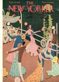 an advertisement for the new yorker, featuring people dancing on a pier at night