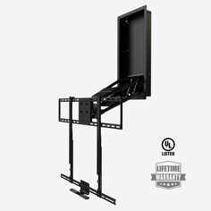 a flat screen tv mounted to the side of a metal wall mount with two brackets