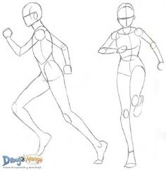 the drawing shows how to draw a man in three different poses, including running and jogging