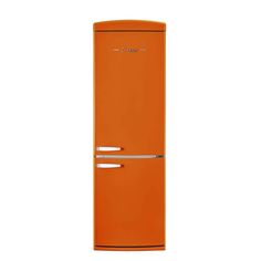 an orange refrigerator freezer sitting on top of a white wall