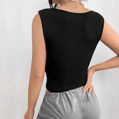 F00150470-102 Trendy Black Crew Neck Tank Top, Black Fitted Tank Top With Crew Neck, Black Fitted Crew Neck Tank Top, Casual Black Stretch Crop Top, Casual Black V-neck Tank Top, Casual Black V-neck Crop Top, Black Casual V-neck Crop Top, Casual Black Crop Top For Night Out, Fitted Casual Black Crop Top