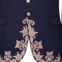 Blue Wedding Prince Coat For Men With Tea Pink Handwork Dress up on your special day with this luxurious blue wedding prince coat for men, embellished with pink and silver handwork embellishments. This beautifully handcrafted coat is a masterpiece in its own right, crafted from premium quality Italian fabrics.The Prince coat has a classic double-breasted design with a satin shawl lapel and golden buttons. Handcrafted ornaments are meticulously placed on the chest, arms and back of the coat, addi Elegant Pink Long Sleeve Nehru Jacket, Royal Embroidered Sherwani For Wedding, Formal Pink Bandhgala With Intricate Embroidery, Royal Embroidered Sherwani For Festive Occasions, Formal Pink Sherwani With Intricate Embroidery, Elegant Pink Sherwani With Intricate Embroidery, Elegant Embroidered Pink Bandhgala, Royal Festive Blazer For Wedding, Elegant Pink Embroidered Bandhgala