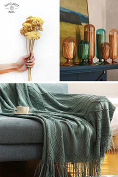 a collage of photos with vases, flowers and blankets on a couch in front of a fireplace