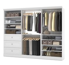 an organized closet with drawers and clothes