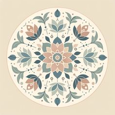 a circular design with leaves and flowers in pastel colors on a beige background is shown