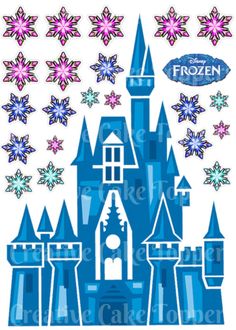 a blue castle with snowflakes and stars in the sky above it is an image of