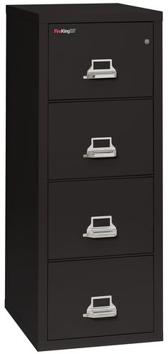 three drawer file cabinet with electronic devices on top and bottom drawers in black, isolated against a white background