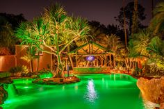 an outdoor pool lit up with green lights and palm trees in the background at night