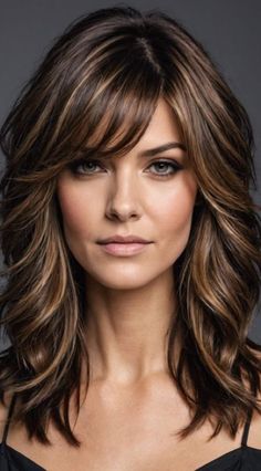 Black Hair With Highlights Bangs, Jacqueline Smith Hairstyles, Layered Haircuts For Medium Hair Bangs, Just Above Shoulder Length Hair, Hair Color For 50 Year Old Women, Hair Styles For 50+ Women, Naturally Wavy Hair Cuts, Long Hair With Bangs And Layers, Sandra Bullock Hair