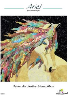 an image of a horse with feathers on it's head and the words, textile art