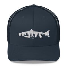 "This six-panel trucker cap with a mesh back will be a comfy and classic choice for a perfect day in the sun. Trout Trees Mountain, Trucker Baseball Cap,Fly Fishing Hat - Present for Fisherman- Fishing Gift for Men, Fishing Trucker Hat * Structured, mid-profile, six-panel cap * 60% cotton, 40% polyester* * Hard buckram front panels * Mesh back * Permacurv visor, matching under-visor * Plastic adjustable closure * 3.5\" crown (8.9 cm) * Head circumference - 21 5/8\" to 23 5/8\" (54.9 cm to 60 cm) Breathable Trucker Hat For Outdoor, Fishing Trucker Cap With Curved Bill, Trucker Baseball Cap For Fishing With Curved Bill, Trucker Baseball Cap With Curved Bill For Fishing, Trucker Baseball Cap With Curved Brim For Fishing, Trucker Snapback Hat For Fishing, Breathable Trucker Hat For Outdoor Activities, Trucker Baseball Cap For Fishing, Curved Brim Trucker Hat For Fishing