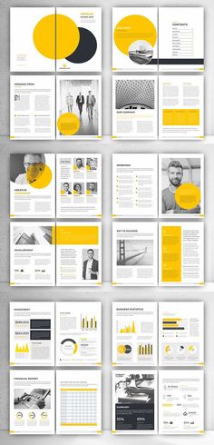 the yellow and black brochure is displayed on top of each other, with different sections