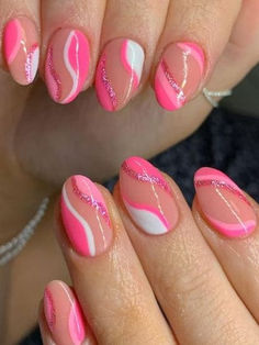 short nail design: pink and white swirls Bright Pink Vacation Nails, Vacation Inspired Nails, Biab Nails, Bday Nails, Hoco Nails, Teen Nails, Nail Hacks, Girly Acrylic, 2024 Nails