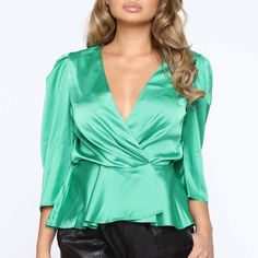 Plunge Neck Line Snap Button Satin 100% Polyester Elegant V-neck Top For Night Out In Spring, Green V-neck Top For Night Out, Glamorous V-neck Tops For Date Night, Green V-neck Party Top, Spring V-neck Blouse For Night Out, Fitted V-neck Top For Spring Party, Feminine V-neck Top For Night Out, Elegant Surplice Neckline Blouse For Party, Feminine Green V-neck Top