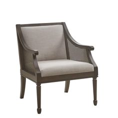 the arm chair is made from wood and has an upholstered back, with grey fabric