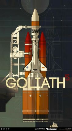 a poster with the words goliath on it and a rocket ship in the background