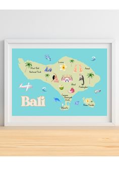 a framed map of the island of bali