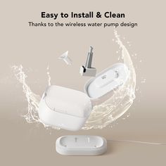 an advertisement for the airpods with water splashing around it and two charging devices