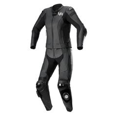 a black and grey motorcycle suit on a white background