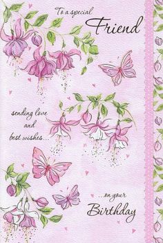 a greeting card with pink flowers and butterflies on the front, says happy birthday mum