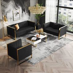 a living room filled with black couches and chairs