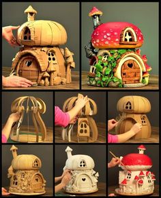 several pictures of different houses made out of wood and plastic materials, with hands working on them