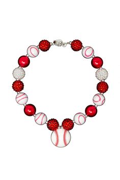 For the girl who loves to cheer on sports, this Red & White Baseball Necklace makes a perfect addition to her jewelry collection. This girls' necklace features a baseball pendant dangling from a red & white beads she'll love. This necklace works just as well with her dressy ensembles as with a jeans and tee combo. Please note: We check all necklaces before being shipped out to insure you do not receive damaged items. As such, we will not be sending out replacements or refunding necklaces Sporty Red Jewelry For Game Day, Sporty White Jewelry For Game Day, Adjustable Red Personalized Necklace, Baseball Necklace, Sparkle In Pink, Bracelet Keychains, Shell Beads, White Beads, The Girl Who