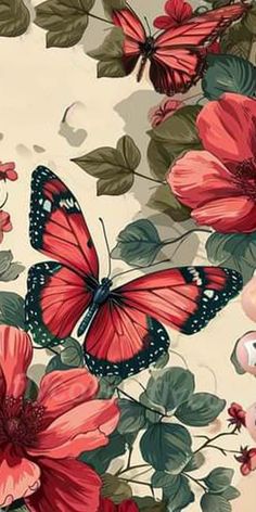 red butterflies and pink flowers on a beige background