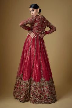 Chillie red tulle padded gown with an attached cancan and zardosi, sequins, cutdana, crystal beads and zari hand embroidery. - Aza Fashions Churidar Sleeves, High Neck Gown, Churidar, Aza Fashion, Crystal Beads, Hand Embroidered, Hand Embroidery, High Neck, Embroidery