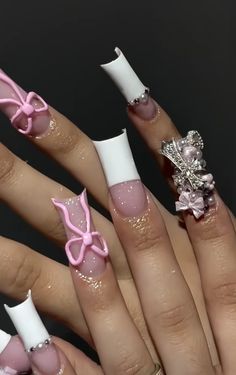 200s French Tips, 19 Nails Birthday, Baby Phat Nails, French Tip Junk Nails, Betty Boop Nails Designs, French Tip With Charms, Hello Kitty French Tip Nails, Stiletto Birthday Nails, Hello Kitty Nail Set