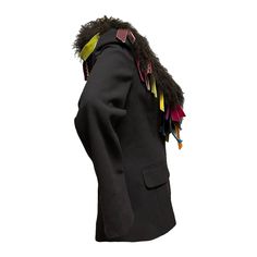 JOHN GALLIANO Fall Winter 2002 Leopard Printed Fur Collar Fringed Blaz  – 24/7 archives Designer Black Wool Blazer, Black Wool Party Blazer, Black Wool Party Outerwear, John Galliano, Fur Collar, Fur Collars, 9 And 10, Made In France, Black Color