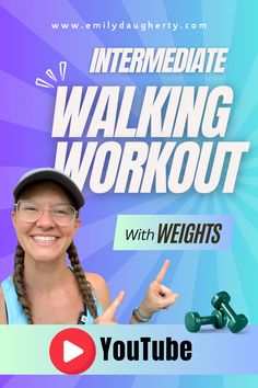 a woman with braids is smiling and pointing at the camera while holding two dumbbells