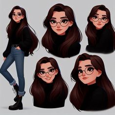 the girl is wearing glasses and has long brown hair, black shirt, jeans and boots