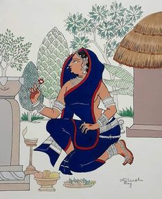 a painting of a woman sitting on the ground next to a potted plant and vase