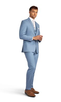 A slim light blue suit with two buttons and a notch lapel. Classic Fitted Light Blue Suit, Classic Blue Three-piece Suit With Single Button, Classic Light Blue Fitted Suit, Classic Light Blue Blazer With Notch Lapel, Fitted Light Blue Suit For Formal Occasions, Formal Fitted Light Blue Tuxedo, Blue Slim Fit Suit With Pressed Crease, Light Blue Fitted Suit For Workwear, Blue Slim Fit Suits With Pressed Crease