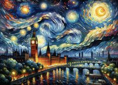 a painting of the big ben clock tower in london at night