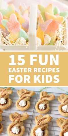 some cookies and marshmallows on a cooling rack with the words 15 fun easter recipes for kids