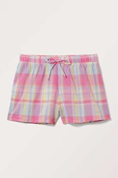 Mini Cotton Shorts - Pink Check - Monki WW Drawstring Bottoms Shorts For Daywear, Sporty Cotton Pajama Shorts For Vacation, Spring Cotton Pajama Shorts With Drawstring, Summer Cotton Shorts With Drawstring, Cotton Summer Swim Trunks Short Length, Vacation Cotton Swim Trunks With Drawstring, Summer Cotton Swim Trunks Short Length, Cotton Swim Trunks With Drawstring For Vacation, Vacation Cotton Pajama Shorts With Short Inseam