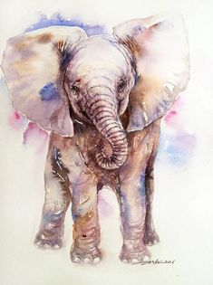 an elephant is shown in this watercolor painting