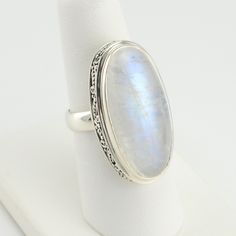 Sterling Silver Moonstone Long Oval Bali Ring Handmade Sterling Silver Rings, Scroll Work, Decorative Beads, Moon Stone, Handmade Sterling Silver, Bezel Setting, Rainbow Moonstone, Sterling Silver Ring, Moonstone