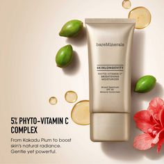 Elevate your skincare routine with the bareMinerals Skinlongevity Phyto-Vitamin C Brightening Moisturizer Mineral SPF30. This luxurious daily face and neck cream is designed to give you a brighter, more radiant complexion. Say goodbye to dull, uneven skin tone and hello to a more even and youthful look. One of the key features of this moisturizer is its powerful Phyto Vitamin C complex derived from the Kakadu Plum. Packed with antioxidant Vitamin C, this complex works to fade hyperpigmentation and reduce the appearance of dark spots over time. You can finally achieve that even complexion you've been dreaming of. Not only does this moisturizer combat dark spots, but it also provides mineral SPF30 protection. Shield your skin from harmful UV rays and prevent further hyperpigmentation and pre Vitamin C Benefits, Kakadu Plum, Neck Cream, Moisturizer With Spf, Mineral Sunscreen, Improve Skin Texture, Tinted Moisturizer, Face Moisturizer, Dry Shampoo