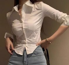 Korean Shirts, Preppy Mode, Slim Blouse, Y2k Casual, Streetwear Mode, White Shirts Women, Simple Blouse, Cropped Tops, Casual Office