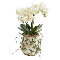 a white flower in a vase with green leaves