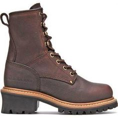 Carolina Women's Elm 8" Logger Work Boot - Brown - CA421 On Sale Now! This Item Ships FREE!This rugged-looking logging boot has a shovel-worthy, steel shank for added support and an aggressive rubber outsole for dependable traction. Dark Brown Soggy Leather Upper Taibrelle Lined Electrical Hazard Rated Steel Shank Welt Construction Oil Resisting One-Piece Rubber Lug Outsole Electrical Hazard - Footwear tested by an independent lab that can withstand applications of 18,000 volts at 60hz for one m Logging Boots, Dark Brown Leather Boots, Logger Boots, Duck Feet, Brand Name Shoes, Rugged Look, Justin Boots, Work Boot, Comfortable Boots