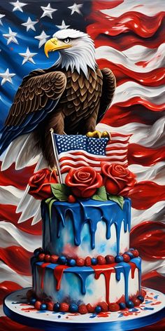 an eagle sitting on top of a cake with roses in front of the american flag