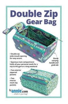 an advertisement for a cosmetic bag with the words double zip gear bag written below it