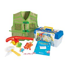 an assortment of toys including a vest and other items